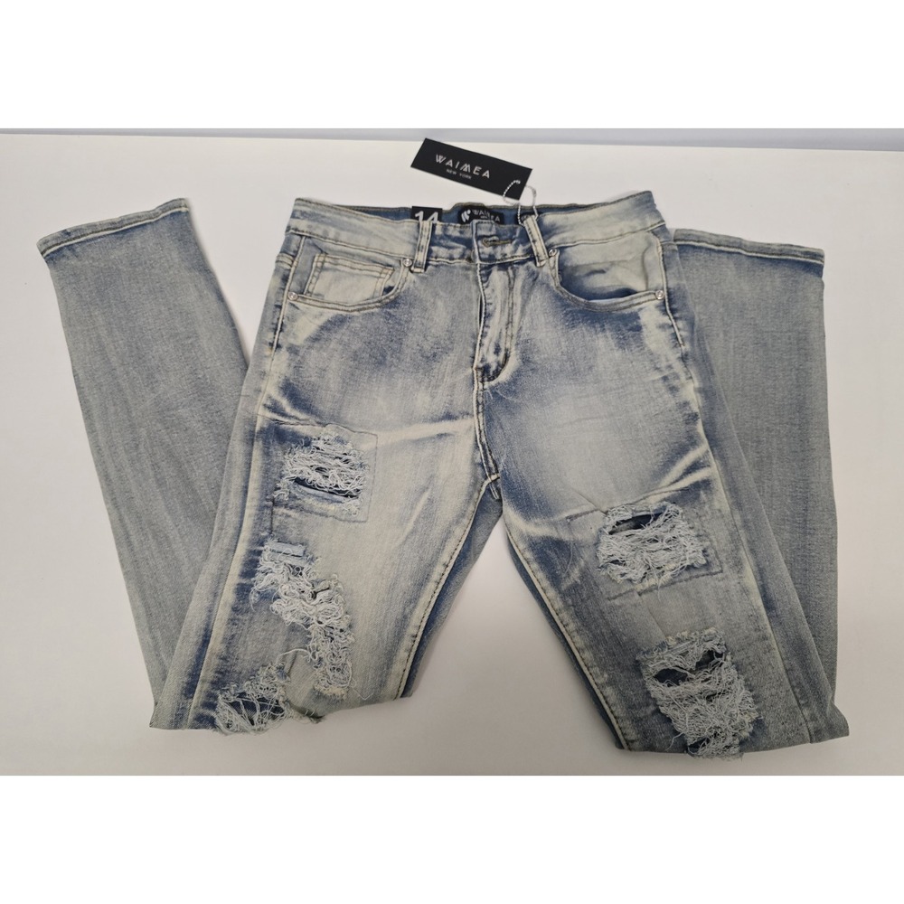 Waimea Boys Distressed Bleach Wash Blue Jeans Size 14 NWT